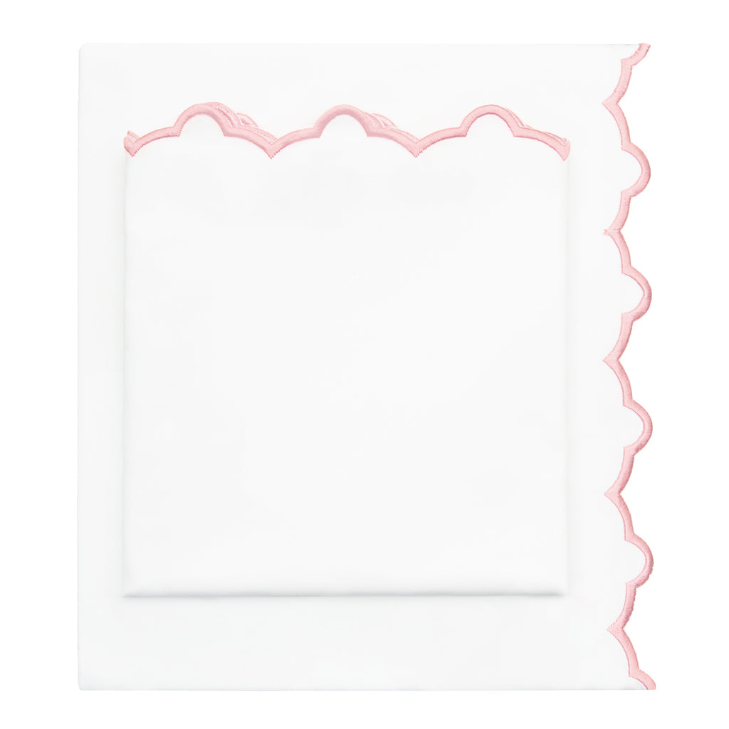 Pink Scalloped Embroidered Sheet Set (Fitted, Flat, & Pillow Cases)