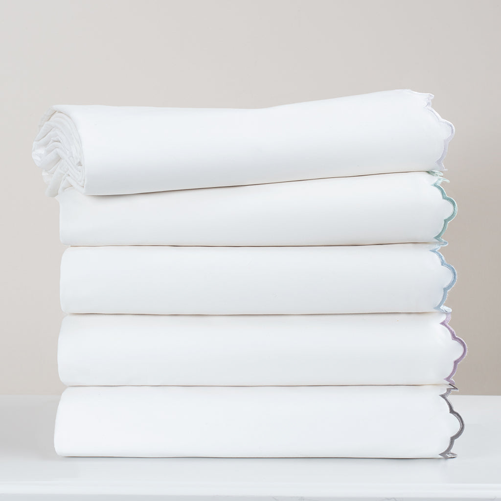 French Blue Scalloped Embroidered Pillowcase Pair