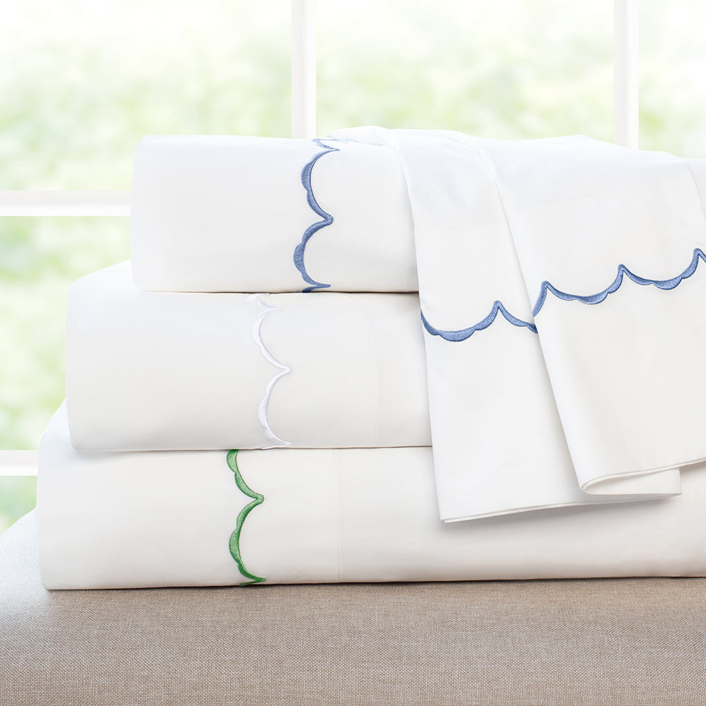 Palm Green Wavelet Embroidered Sheet Set (Fitted, Flat, & Pillow Cases)