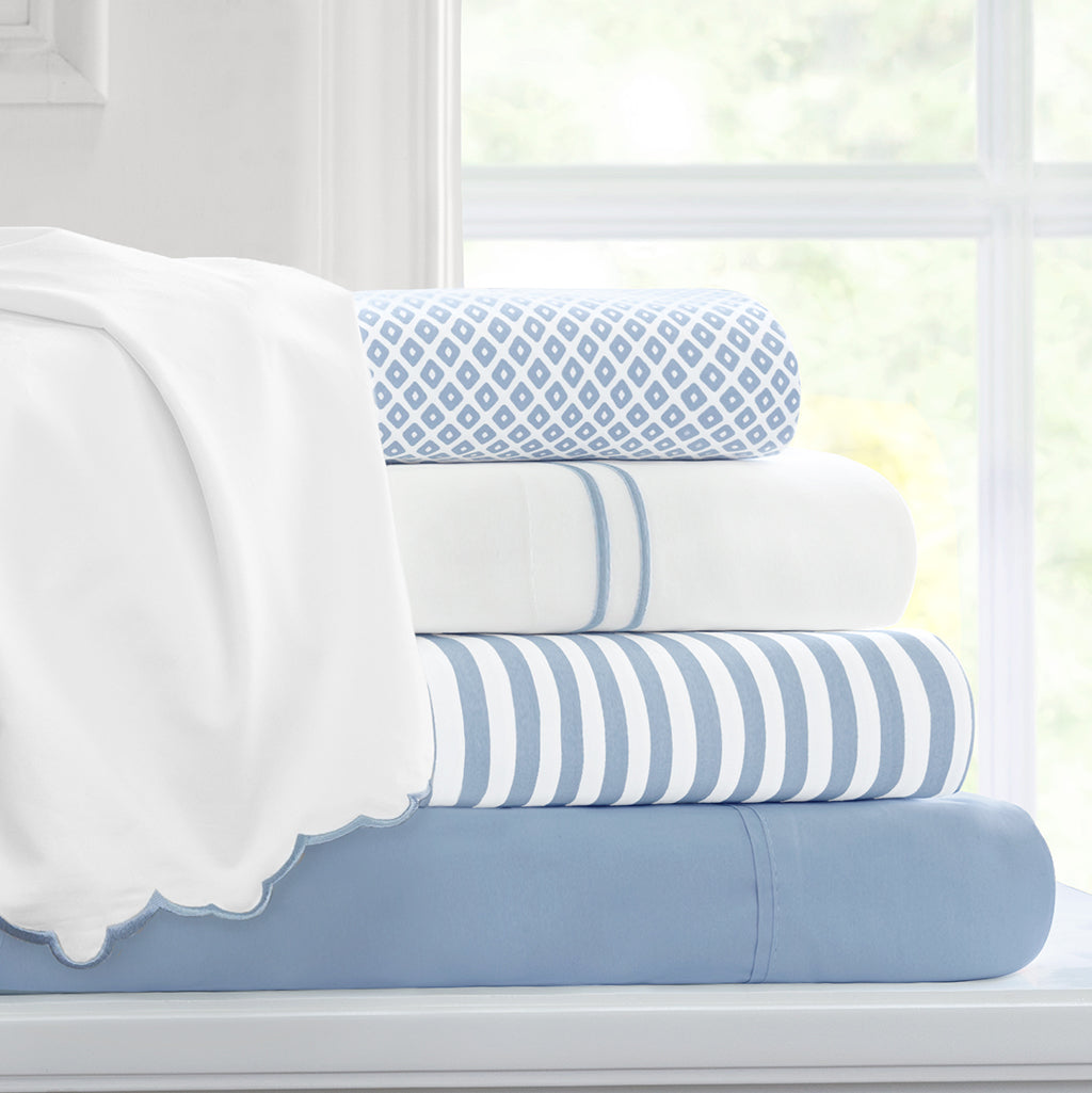 French Blue Scalloped Embroidered Pillowcase Pair