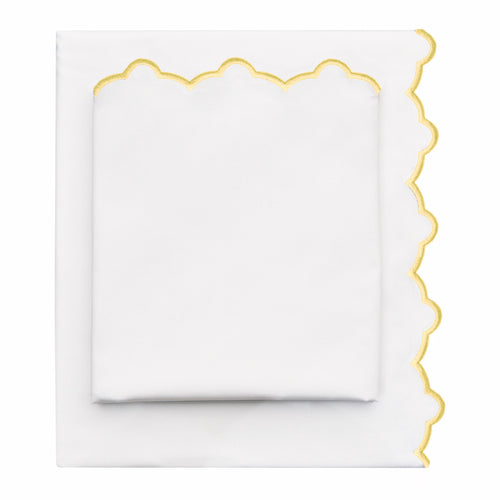 Yellow Scalloped Embroidered Sheet Set (Fitted, Flat, & Pillow Cases)