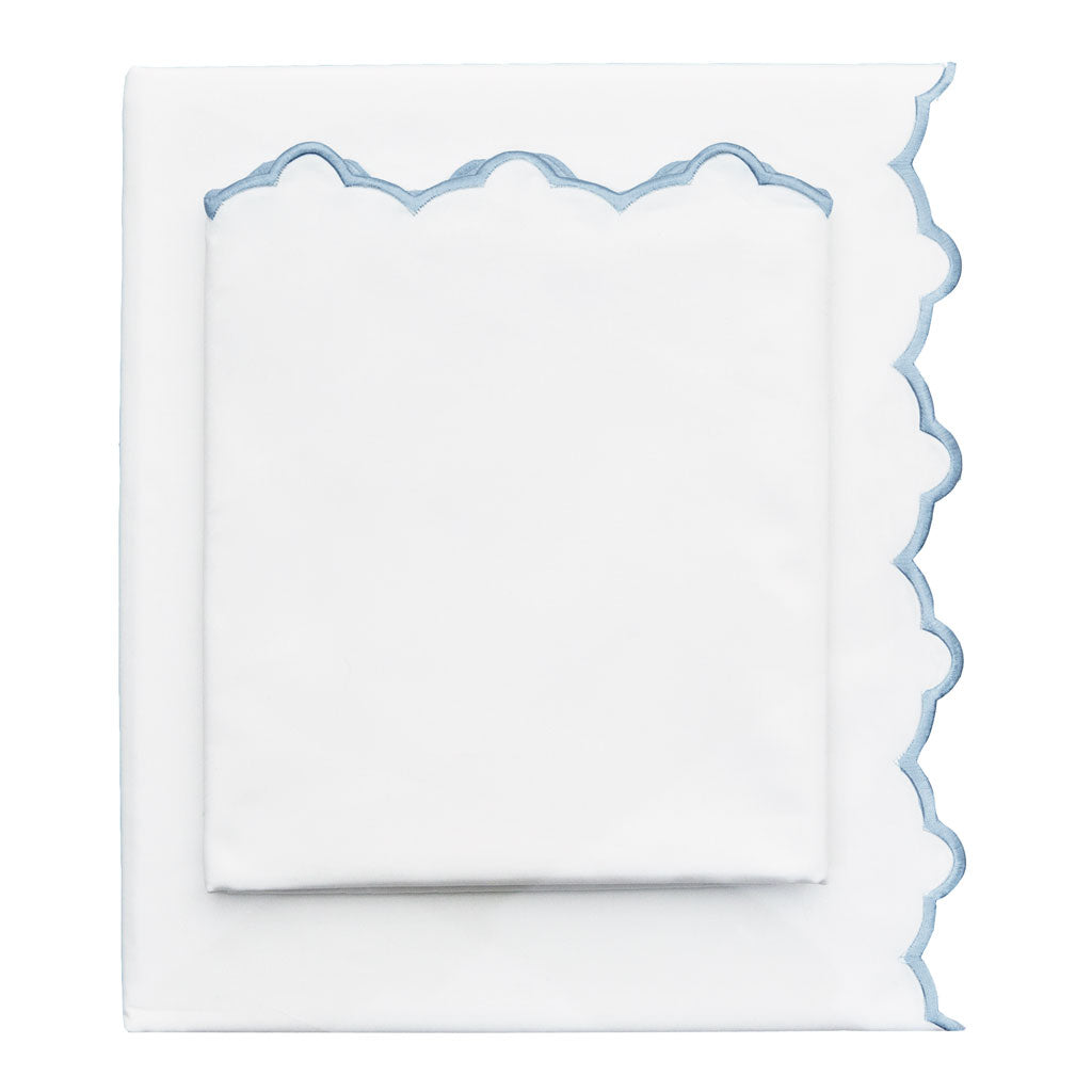 The French Blue Scalloped Embroidered Sheet Set