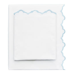 Light Blue Scalloped Embroidered Sheet Set (Fitted, Flat, & Pillow Cases)