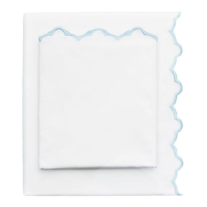 Light Blue Scalloped Embroidered Sheet Set (Fitted, Flat, & Pillow Cases)